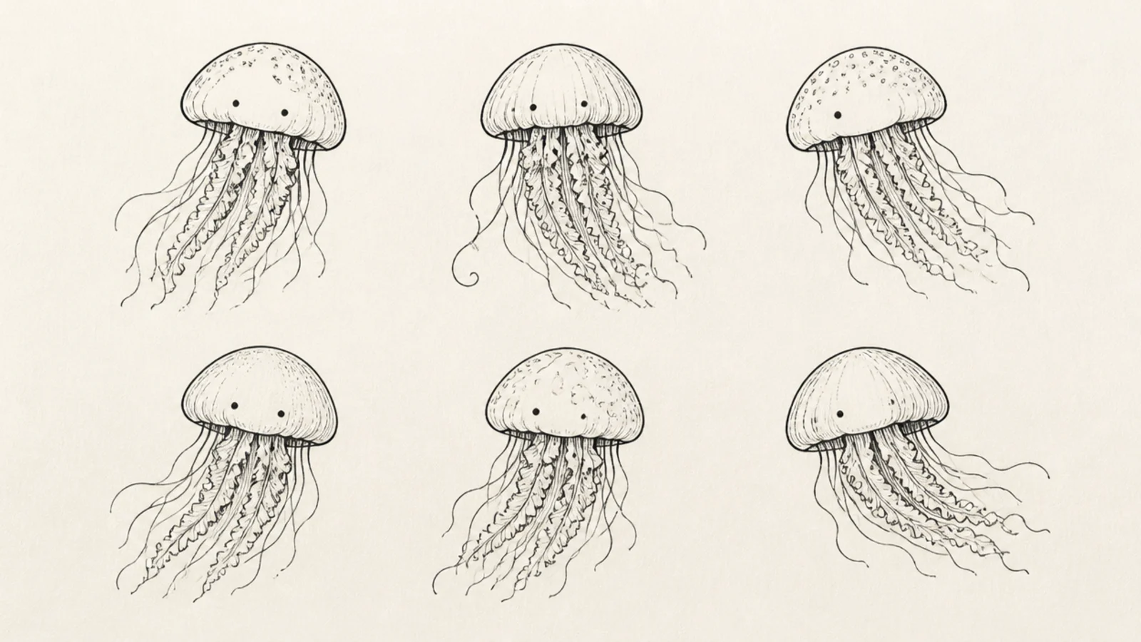 A small set of matching cute jellyfish drawn like a sticker sheet
