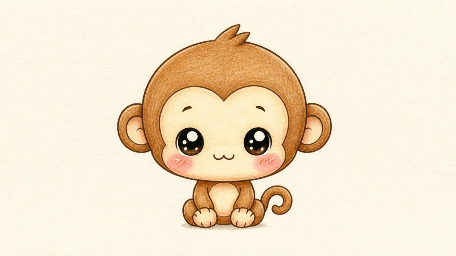 A cute chibi monkey with a big head, big low eyes, and pink blush cheeks