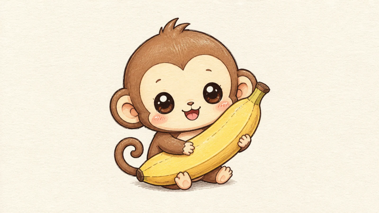 A cute monkey hugging a big banana almost its own size
