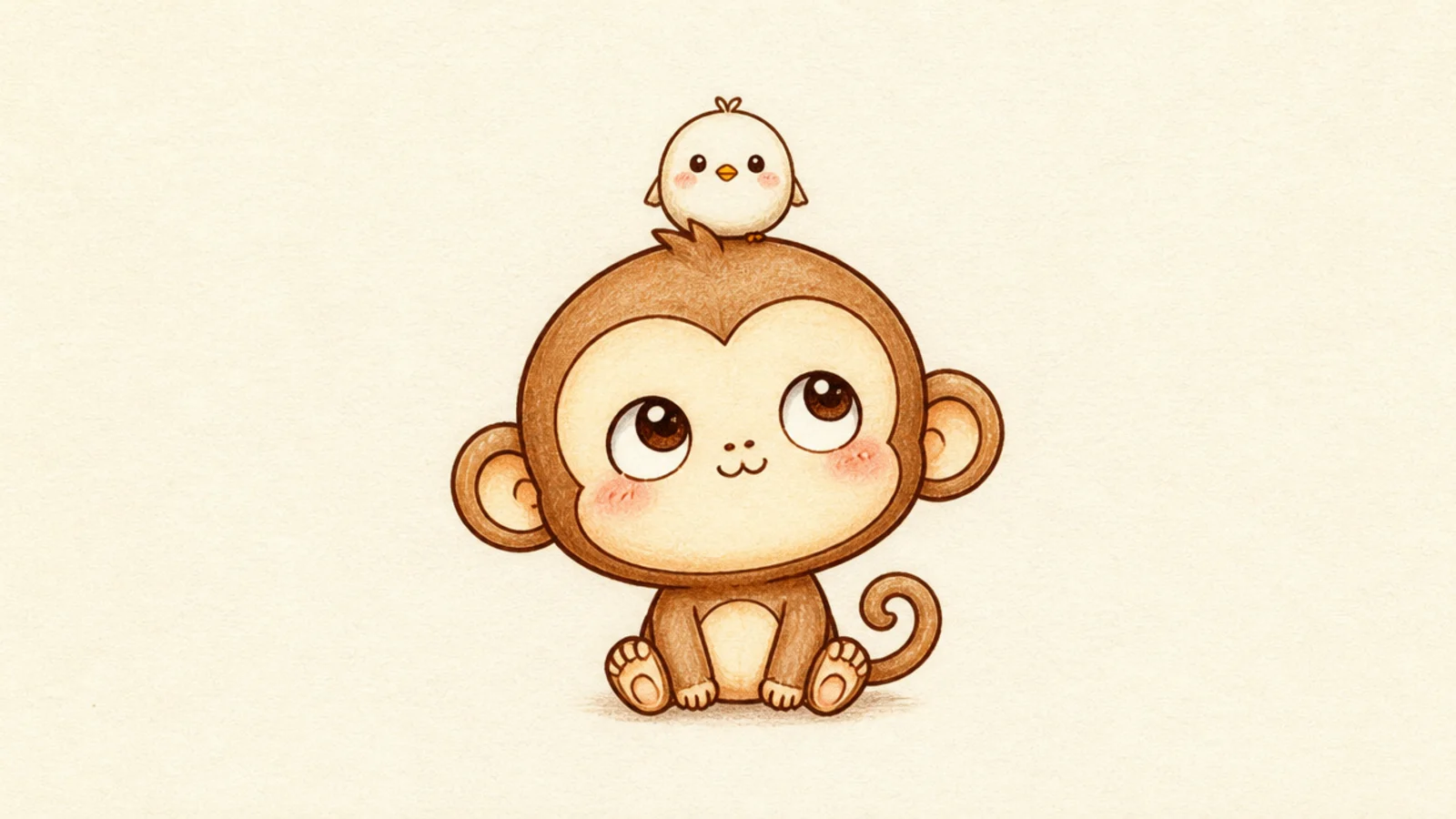 A cute monkey with a little bird friend perched on its head