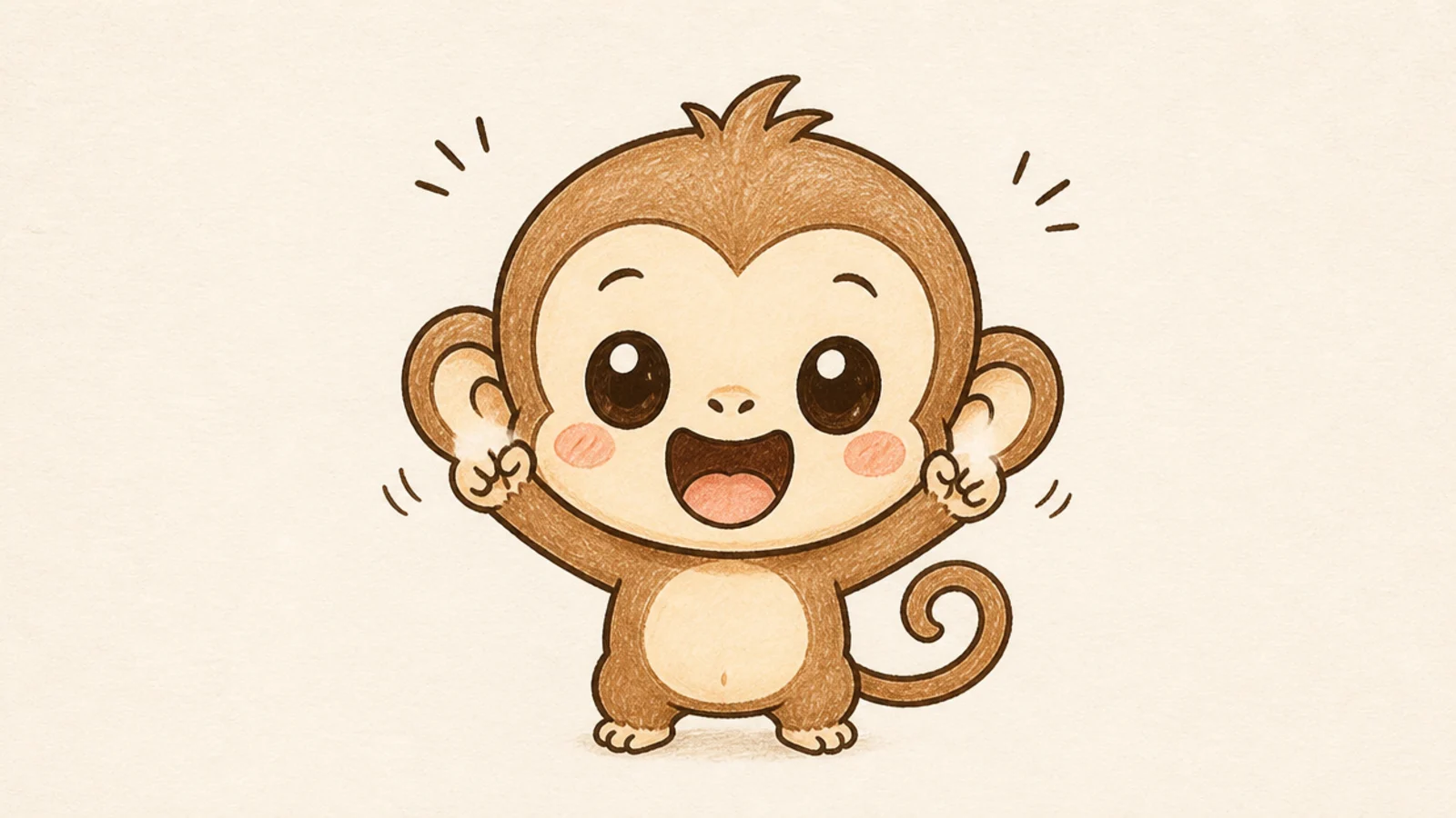 A cute monkey with both little arms raised in joy