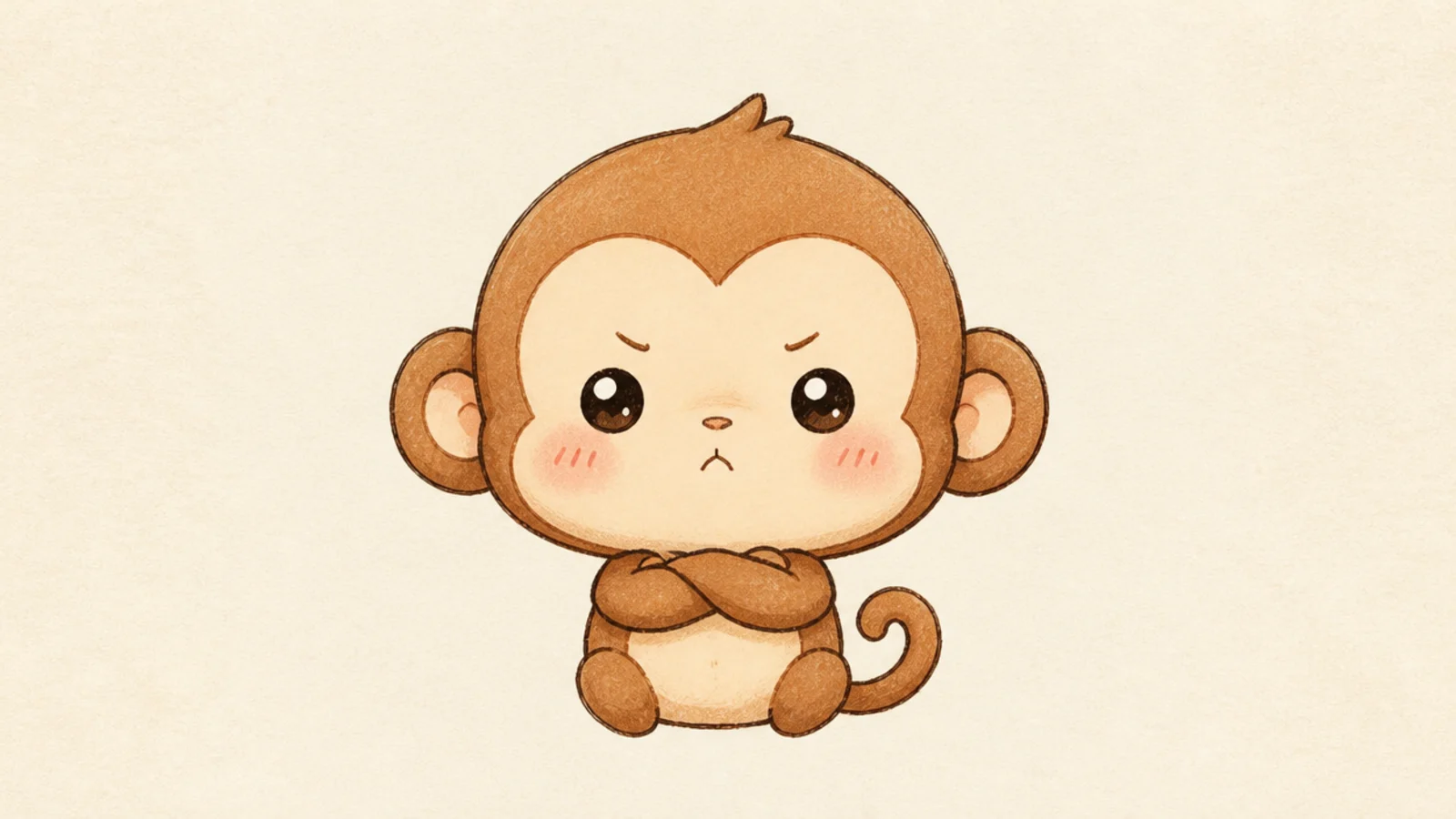 A funny cute monkey with a small frown and puffed cheeks