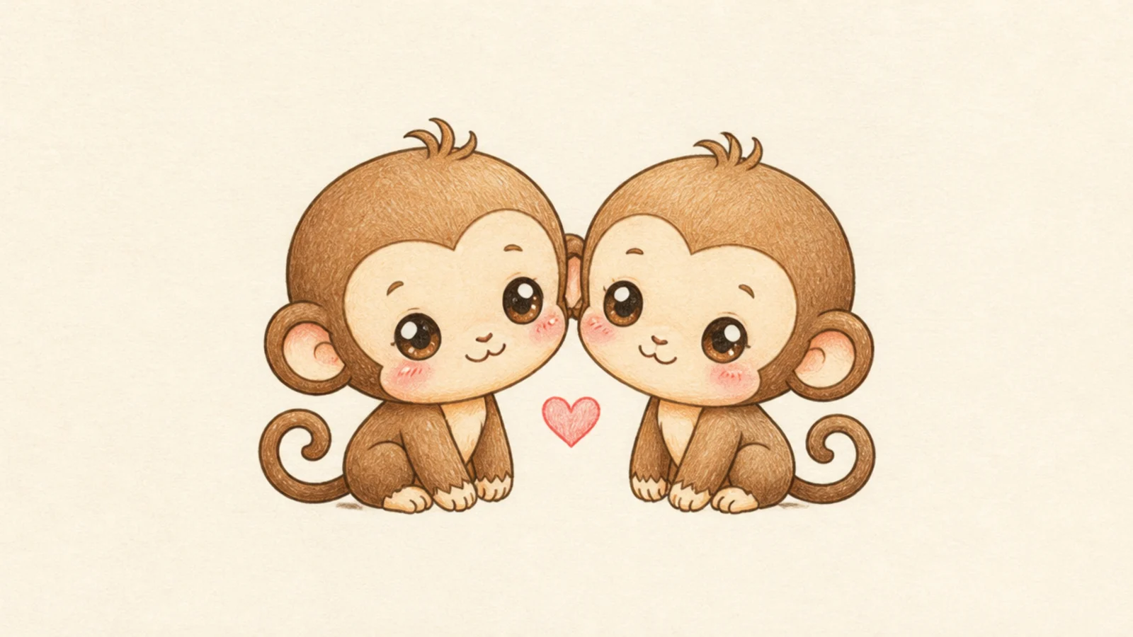 Two cute monkeys leaning together with a heart between them