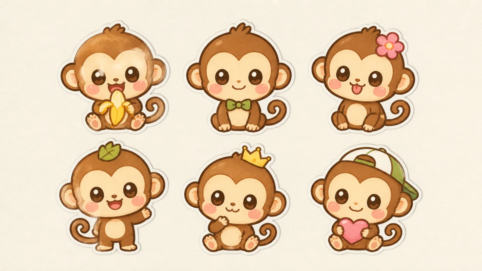 A small set of matching cute monkeys drawn like a sticker sheet