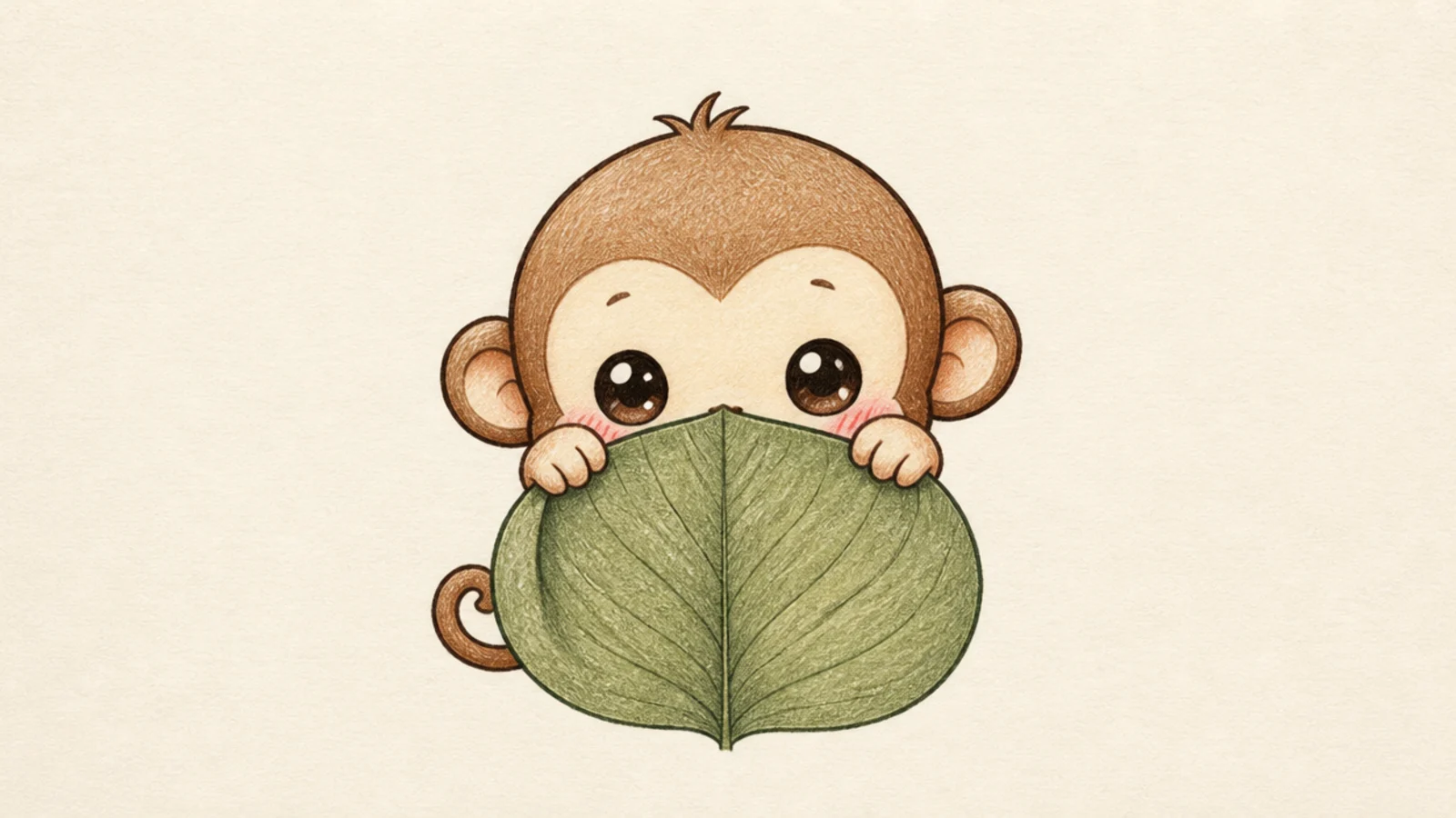 A shy cute monkey peeking out from behind a leaf
