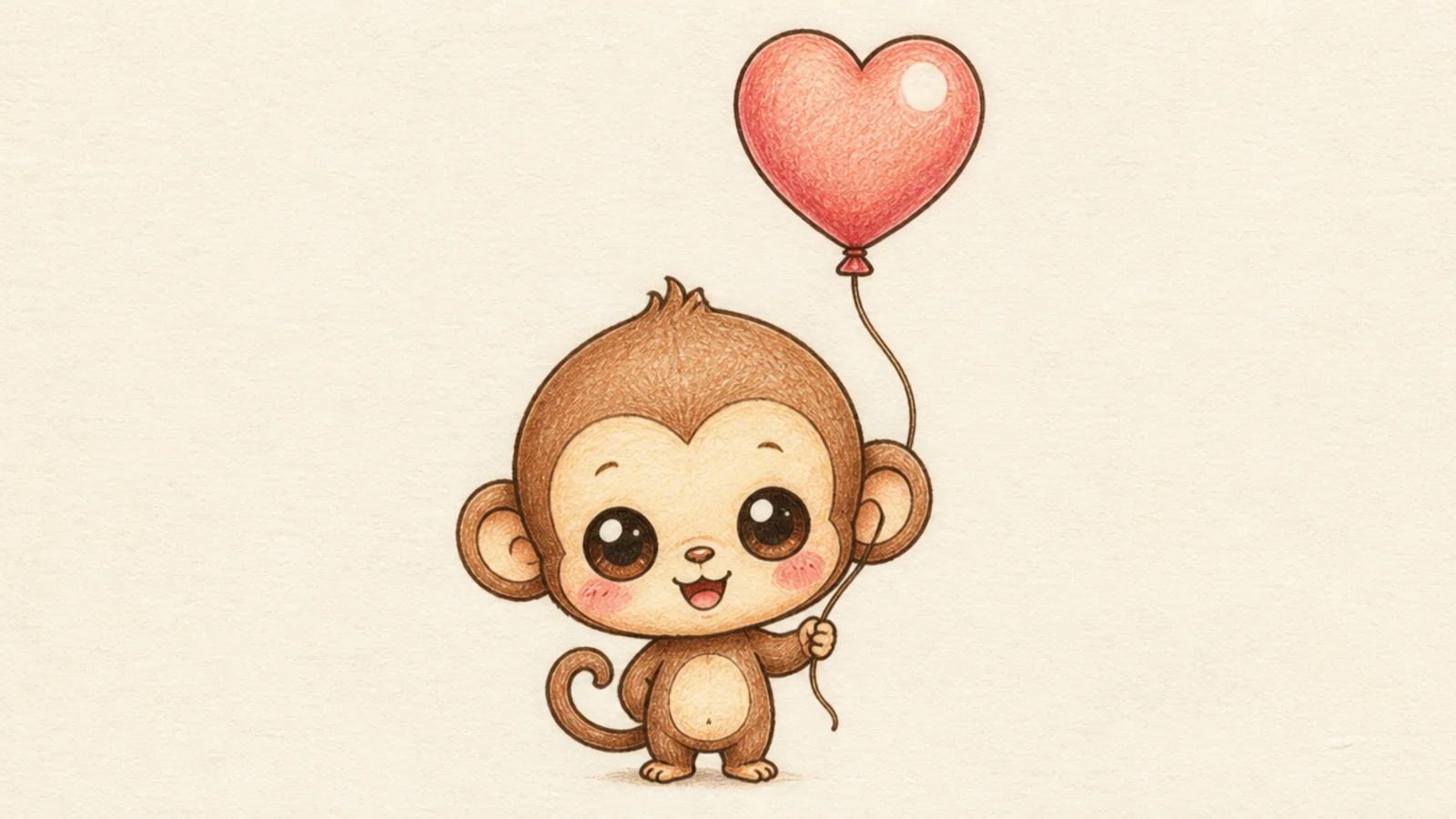 A cute monkey holding a heart-shaped balloon on a string