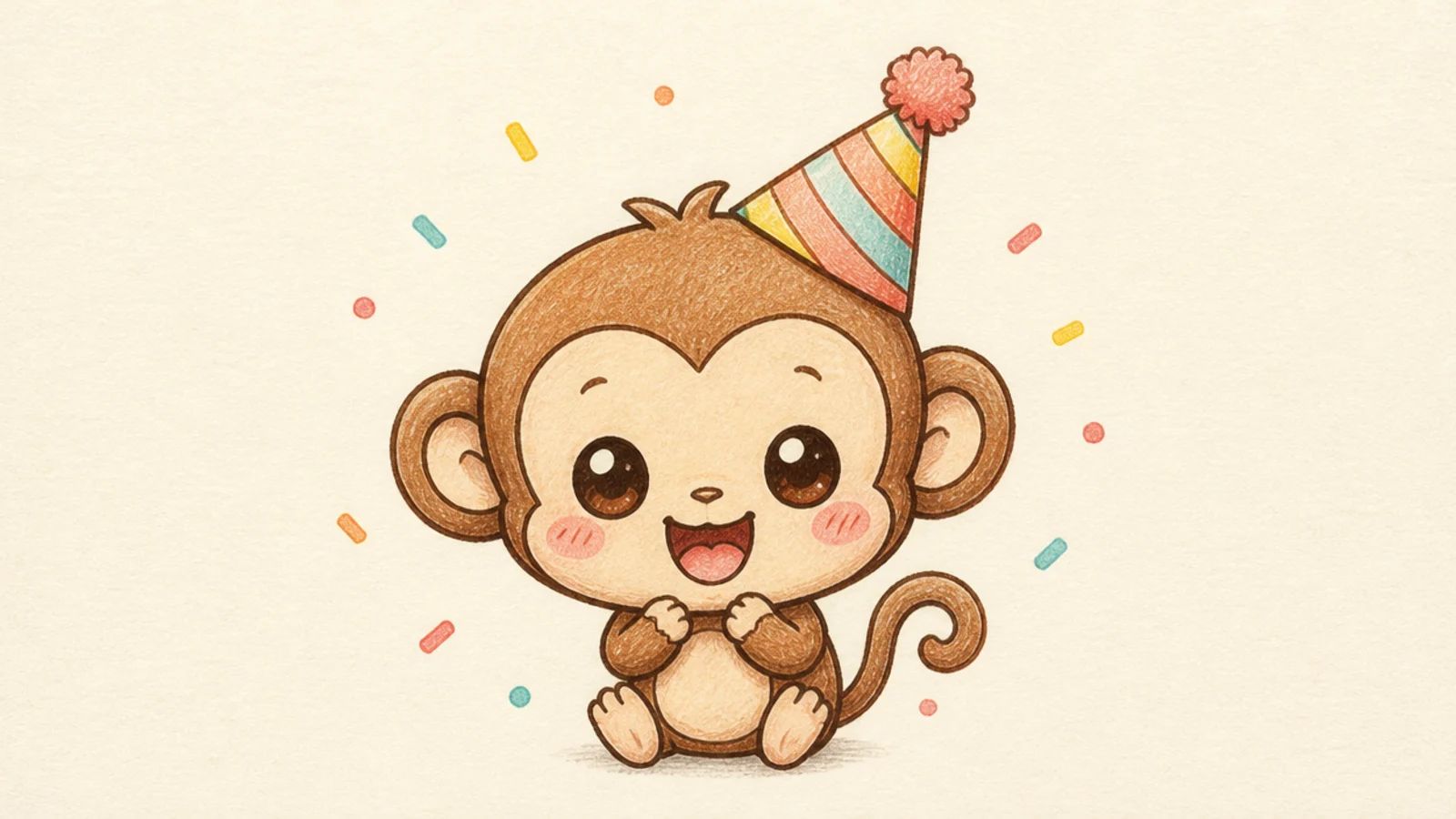 A cute monkey in a party hat with confetti around it