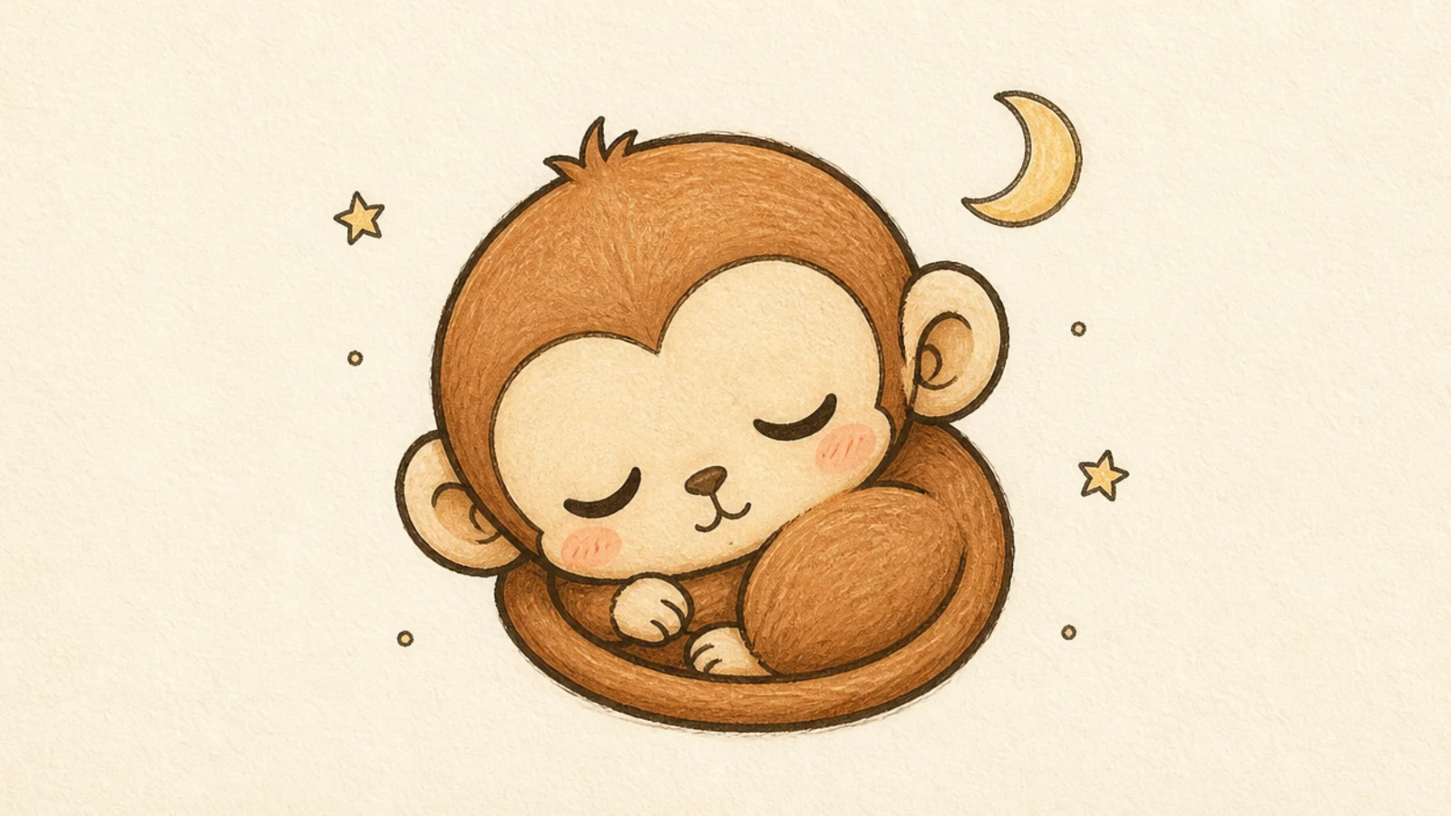 A cute monkey curled up asleep surrounded by little stars