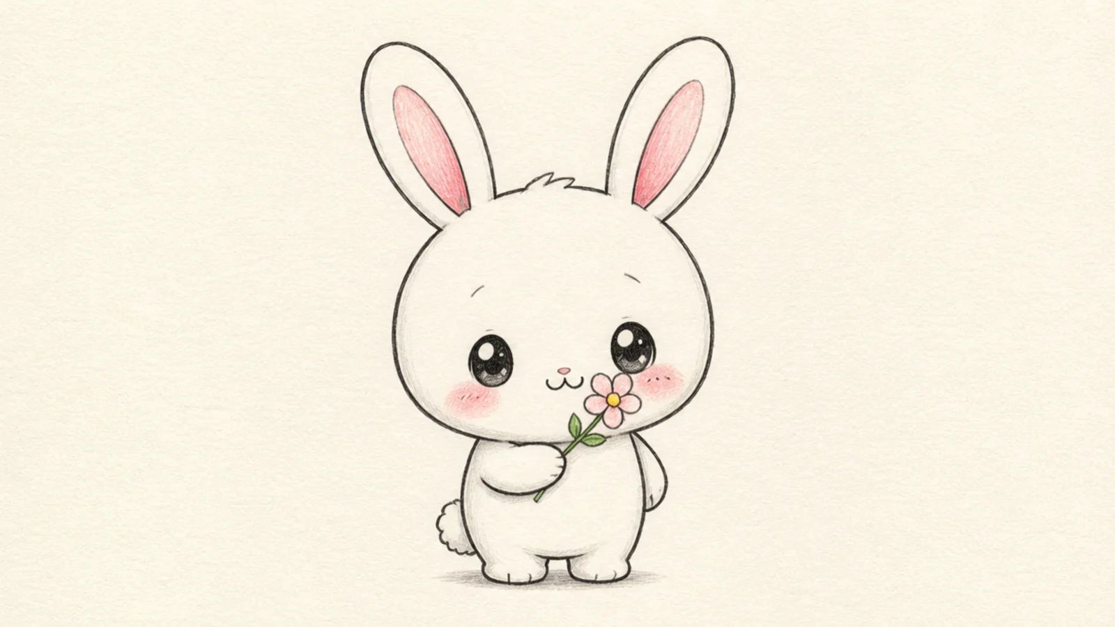A cute rabbit holding a single small flower