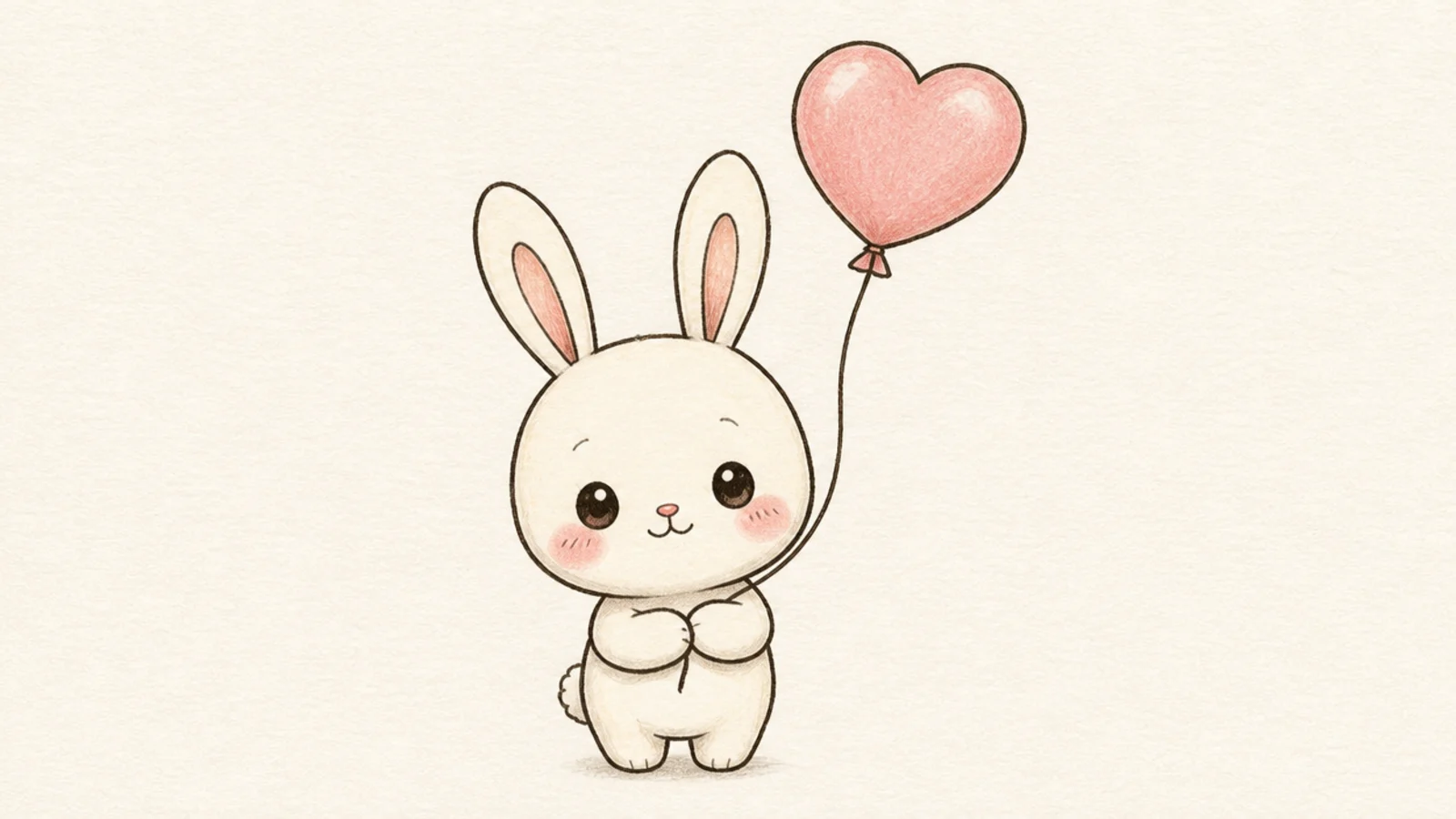 A cute rabbit holding a heart-shaped balloon on a string