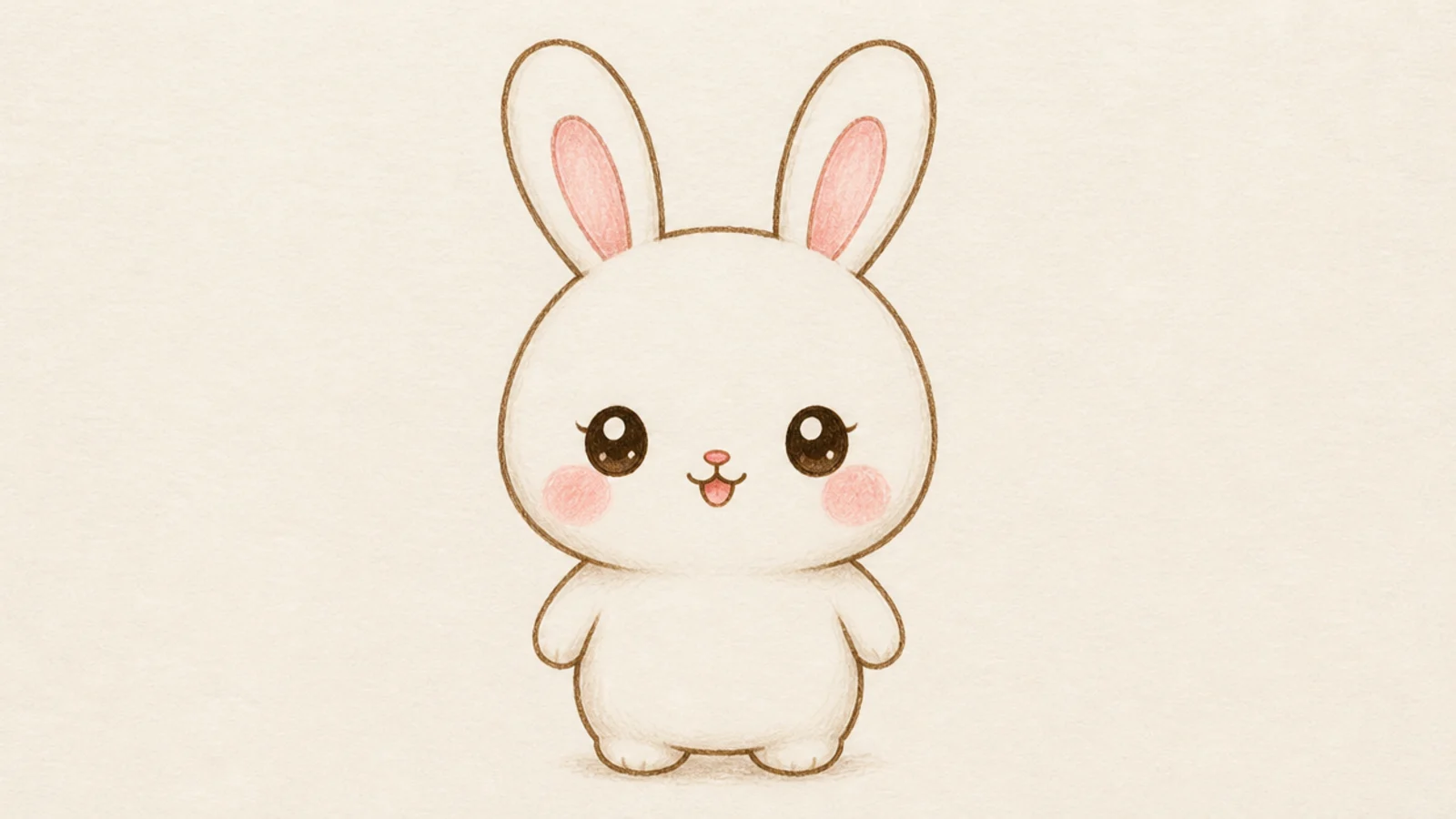 A cute rabbit standing with two little stubby arms and a happy face
