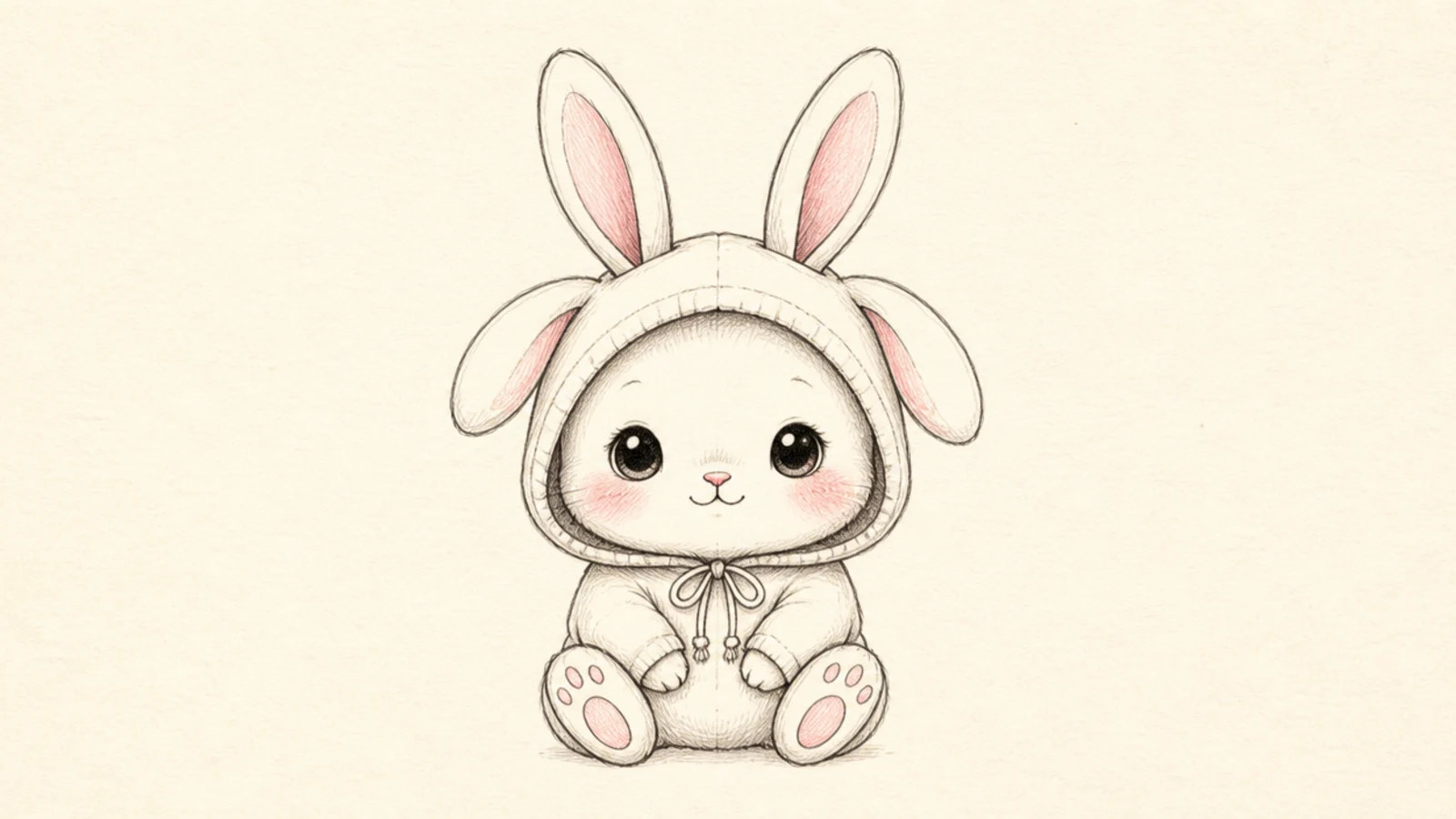 A cute rabbit wearing a hood with floppy ears attached