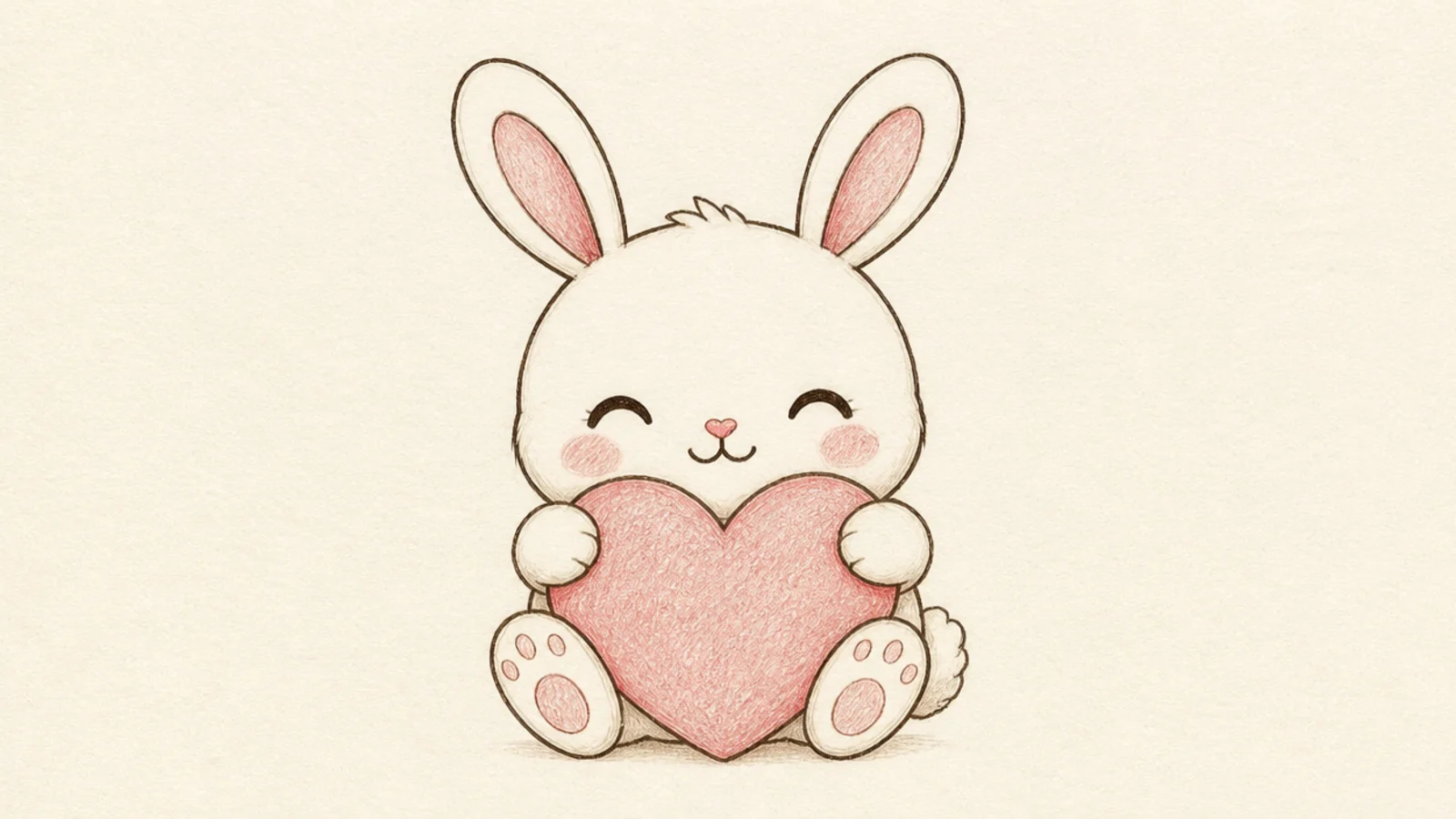 A cute rabbit hugging a large heart with both paws