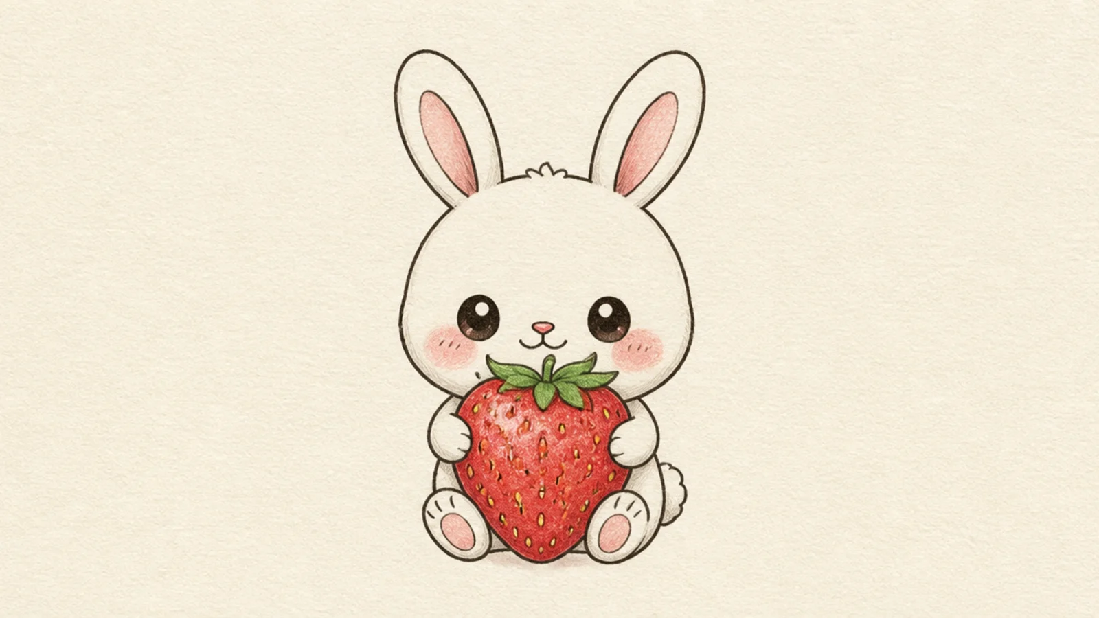 A cute rabbit holding a strawberry bigger than its head