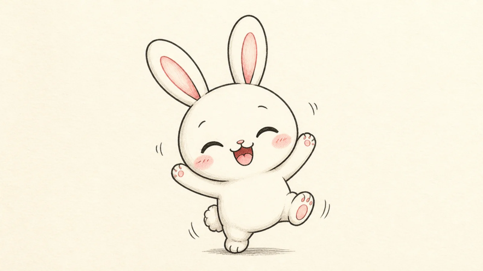 A cute rabbit with arms up and one foot lifted as if dancing