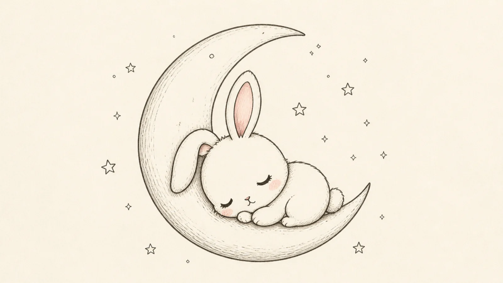 A cute rabbit sleeping curled against a crescent moon