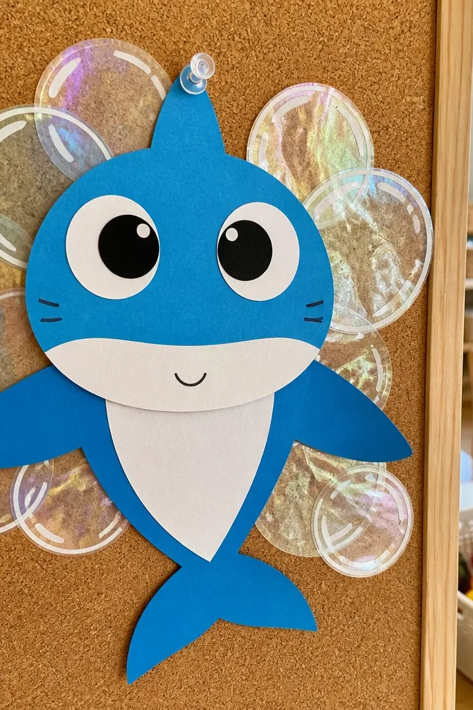 Smiling shark with two big eyes and three bubbles around it