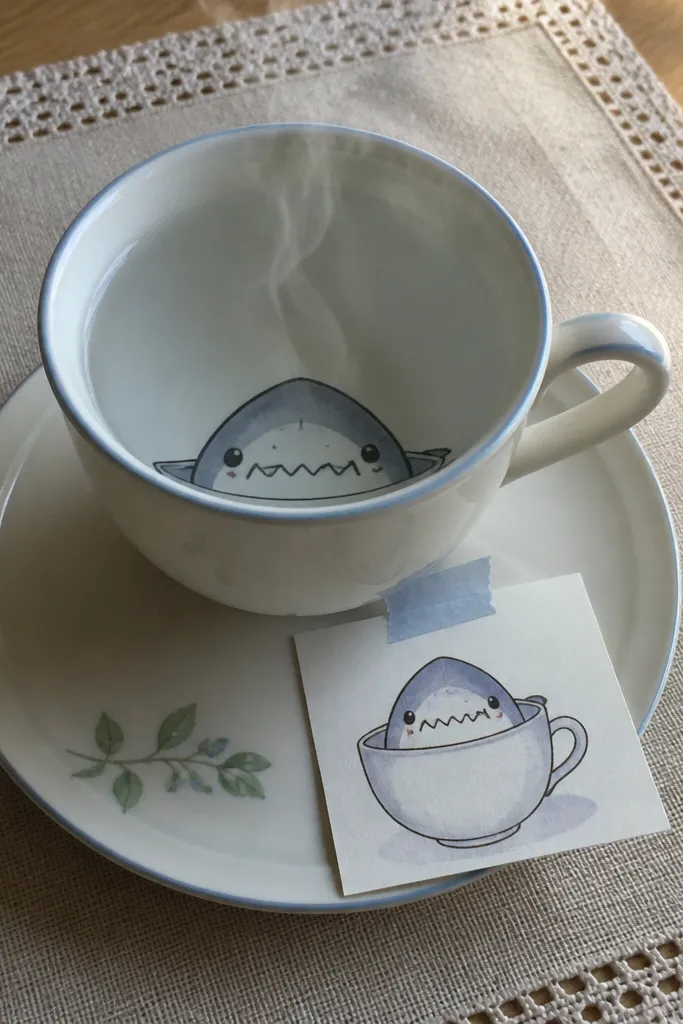 Cute shark peeking from a teacup with steam lines