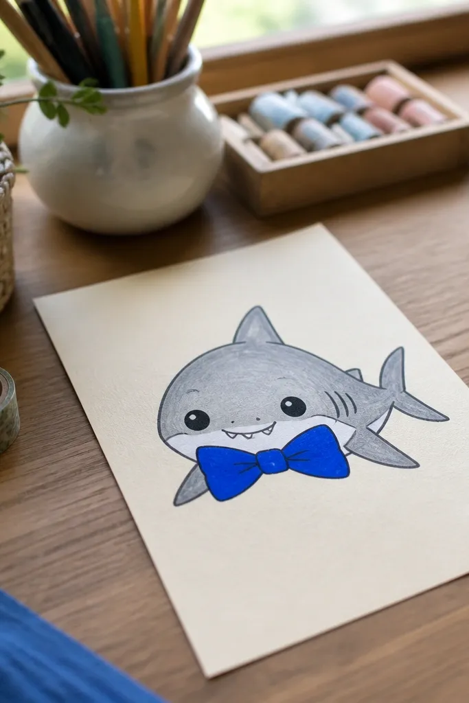 Friendly shark with a bow tie and small smiling mouth