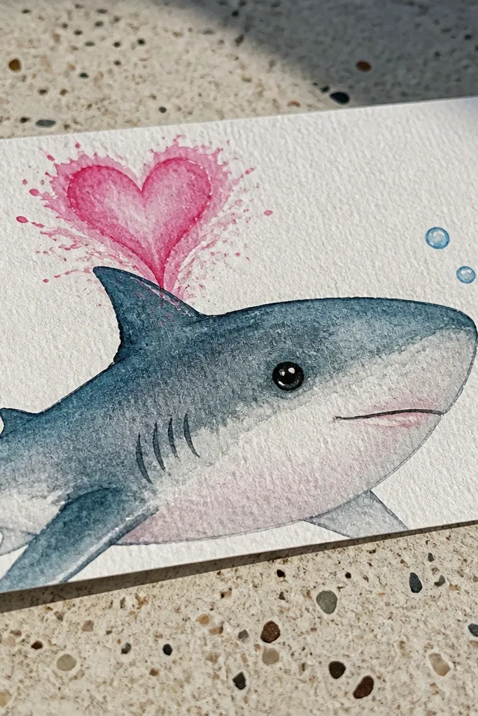Shark with a fin shaped like a heart and small bubbles