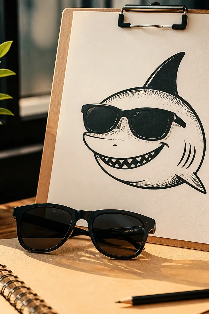 Shark head with sunglasses and a relaxed smile