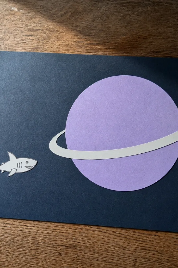 Small cute shark floating near a big circle planet