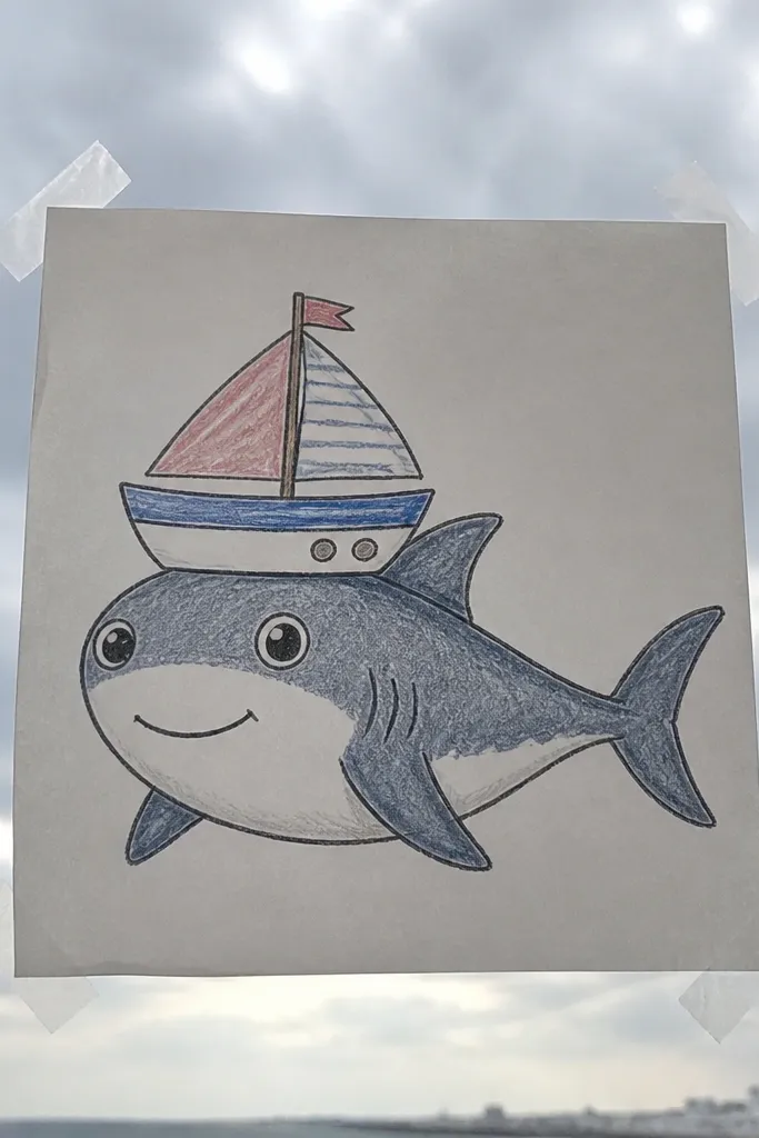 Cute shark wearing a small sailboat on its head