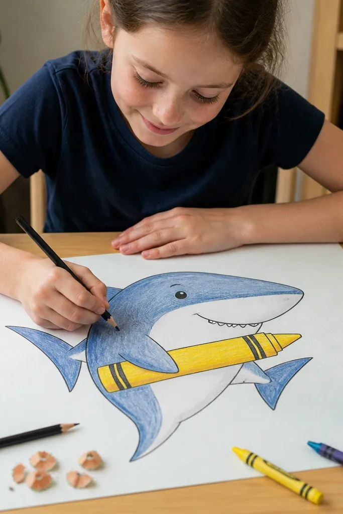Friendly shark holding a crayon with a smiling face