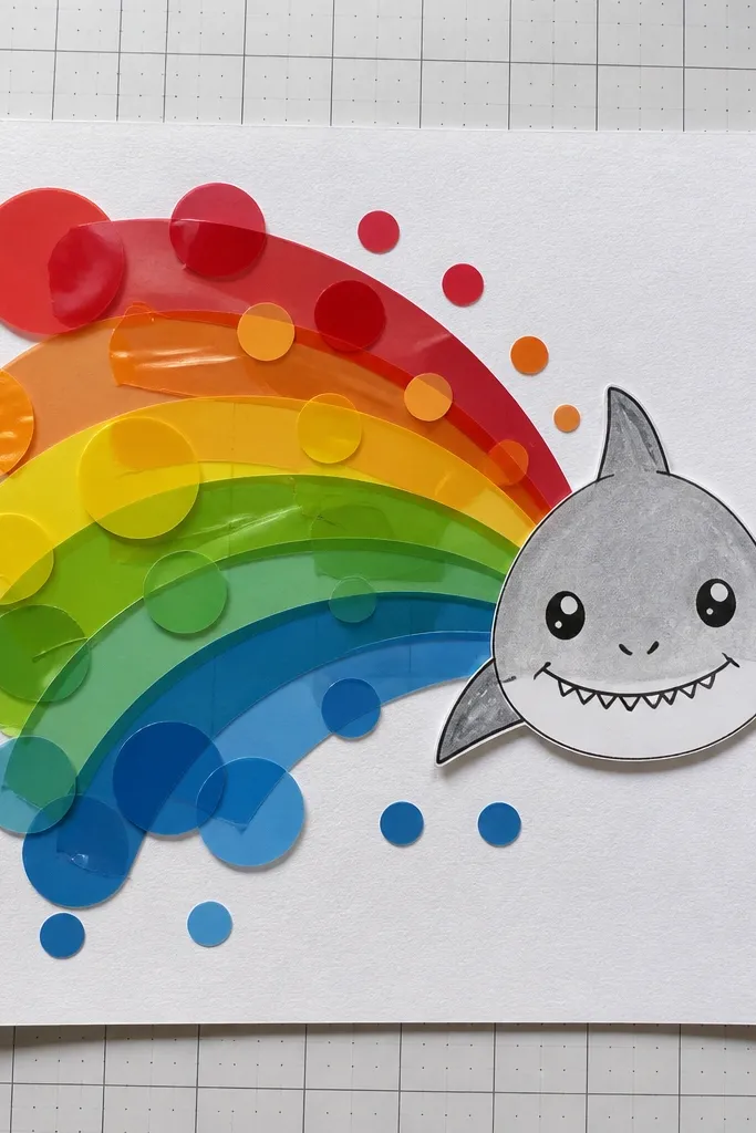 Shark blowing bubbles that form a rainbow arc