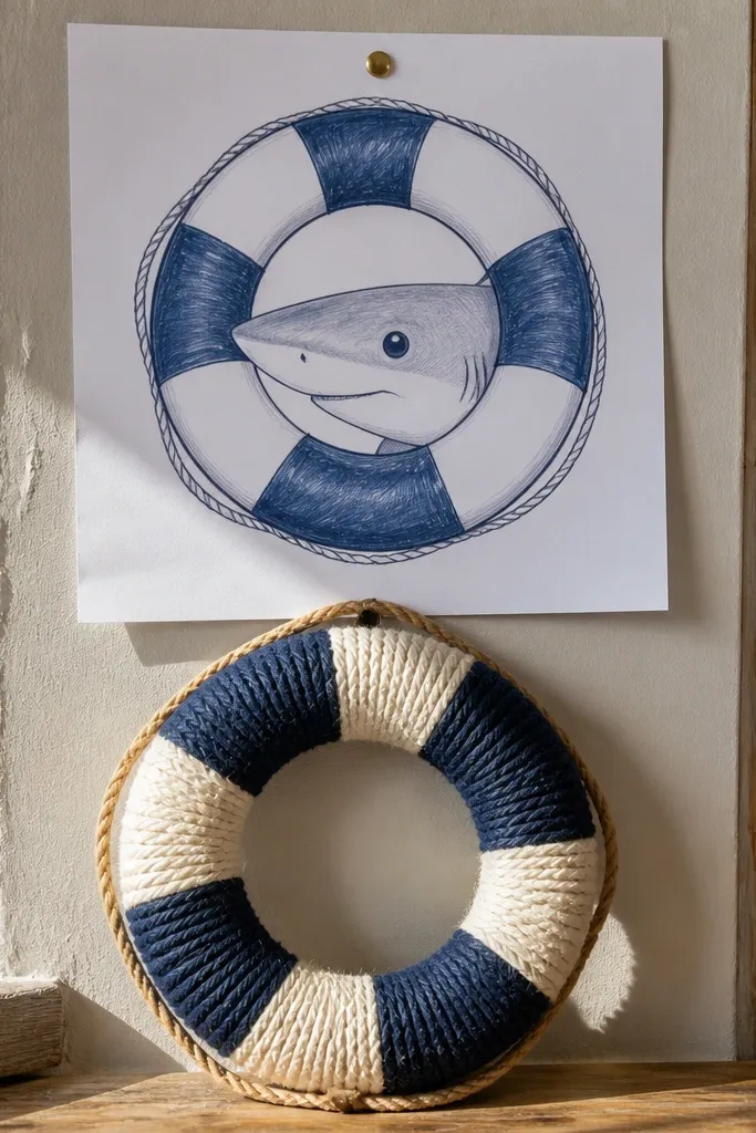 Shark smiling inside a circular life ring with stripes