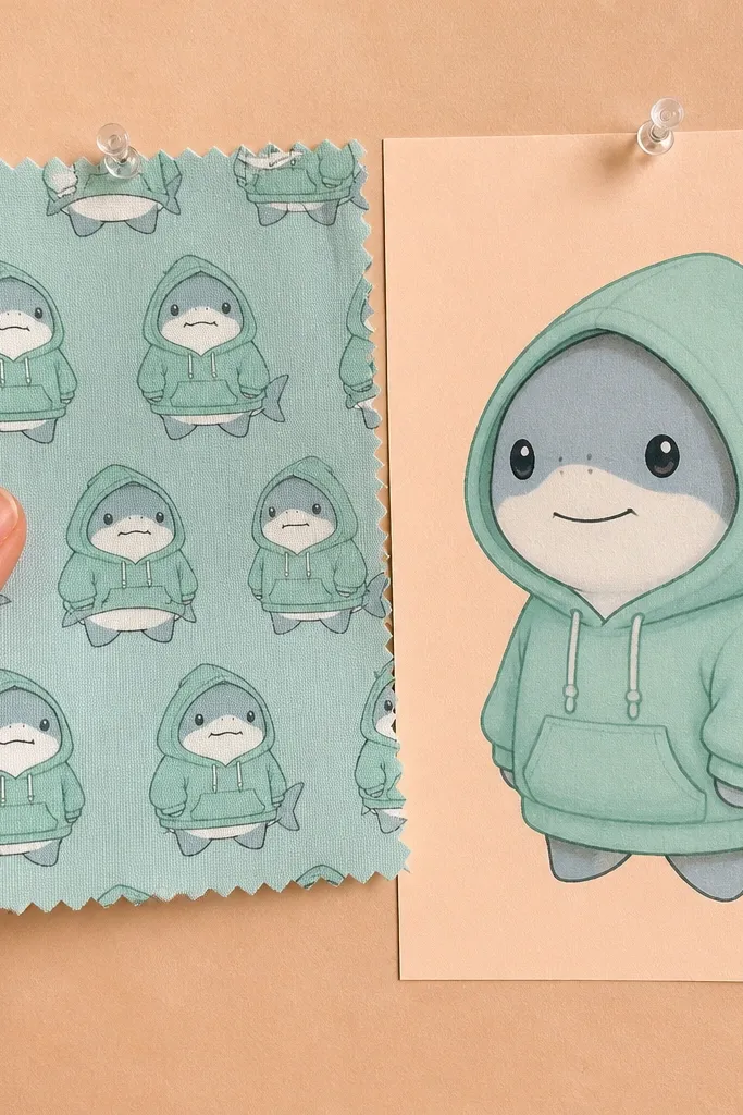 Cute shark with a hoodie and drawstrings, smiling