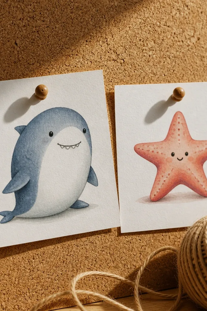 Smiling shark beside a starfish with tiny eyes