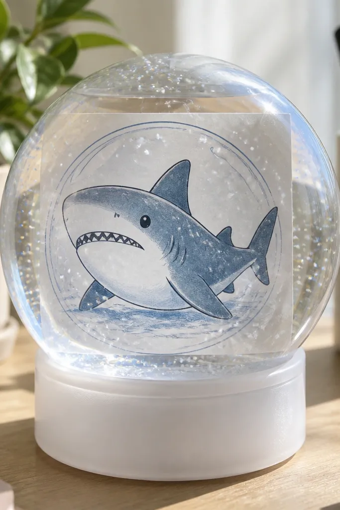 Cute shark inside a clear bubble with tiny white glitter snow