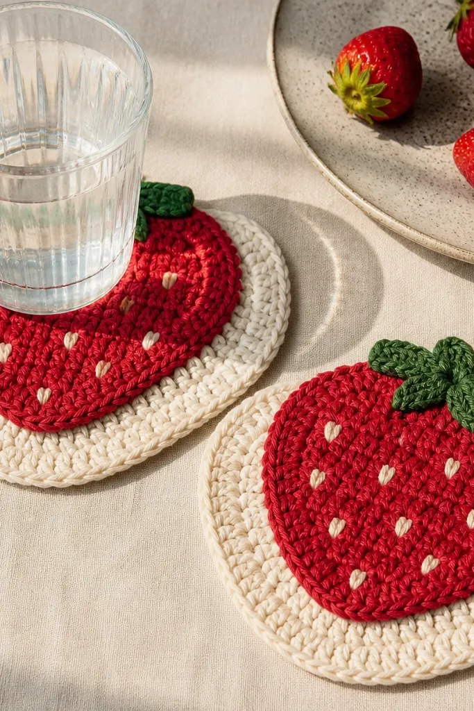 Two crocheted strawberry coasters with red tops and cream bases