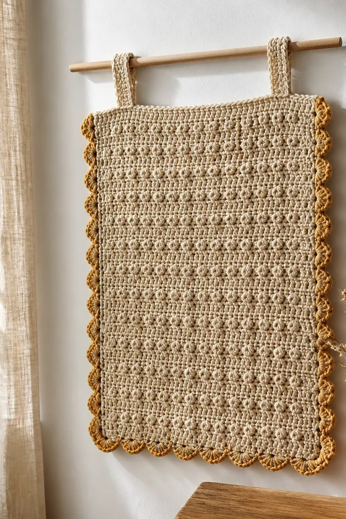 Crocheted wall hanger with two hanging loops and a small decorative border
