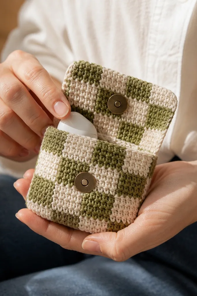 Small crocheted pocket with checkerboard pattern and a magnet closure