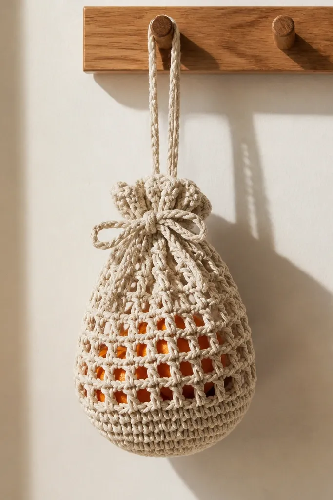 Small crocheted hanging basket with openwork sides and a tied top