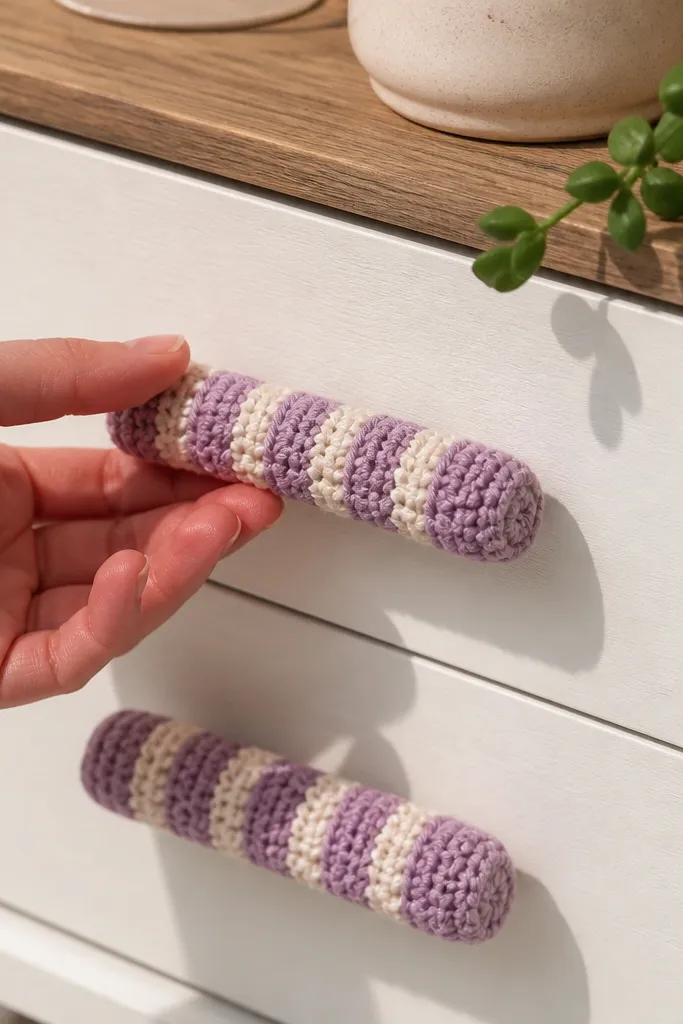 Two crocheted striped covers for small drawer handles