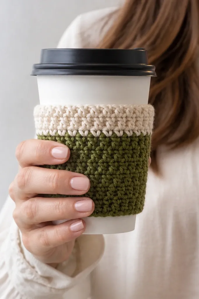 Crochet cup cozy with thick color block panel and neat top edge