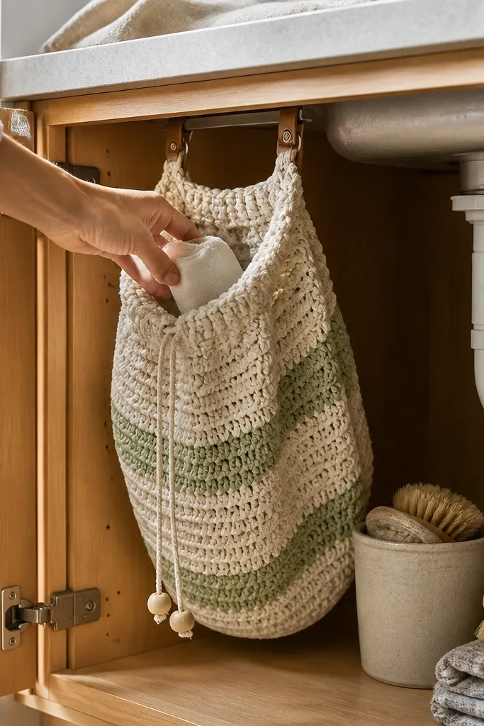 Under-sink crochet bag holder with a drawstring opening