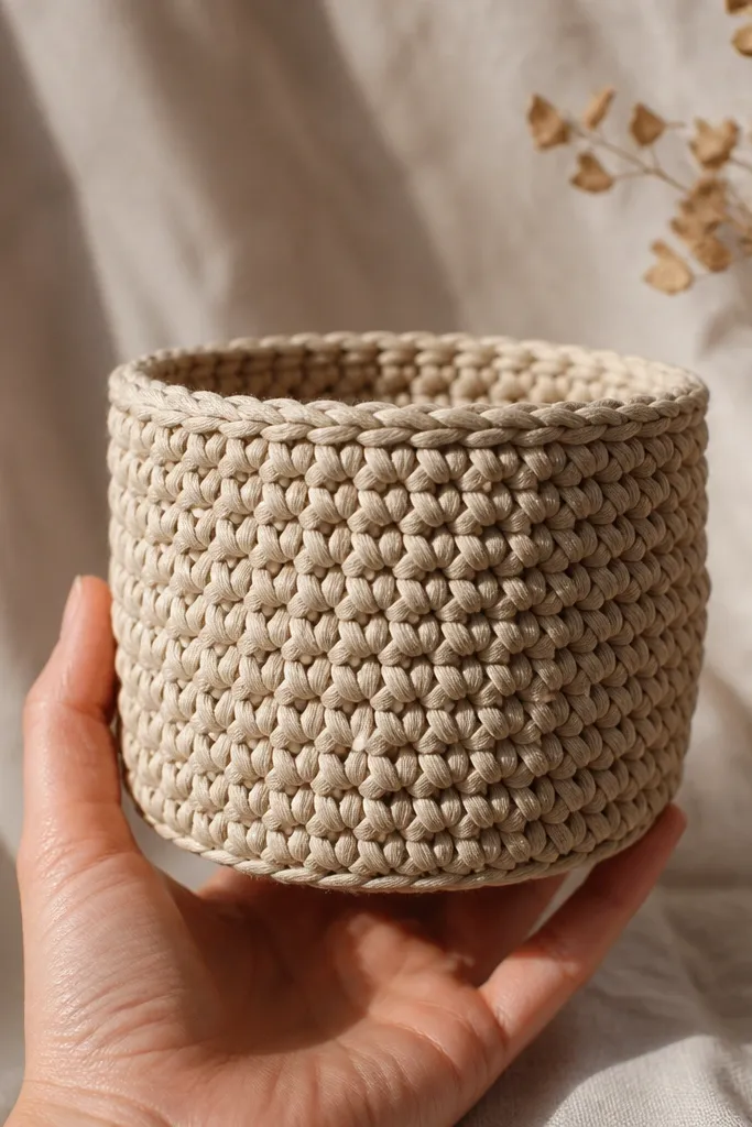 Small textured crochet basket with neutral woven look and flat rim