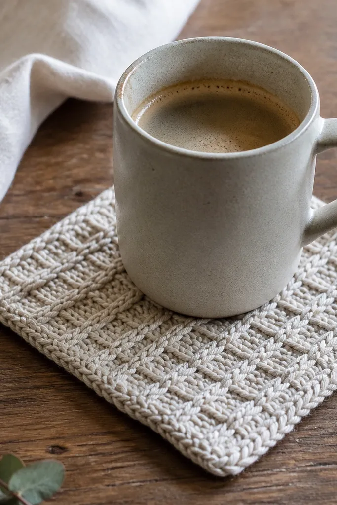 Square crocheted mug rug with a simple grid texture