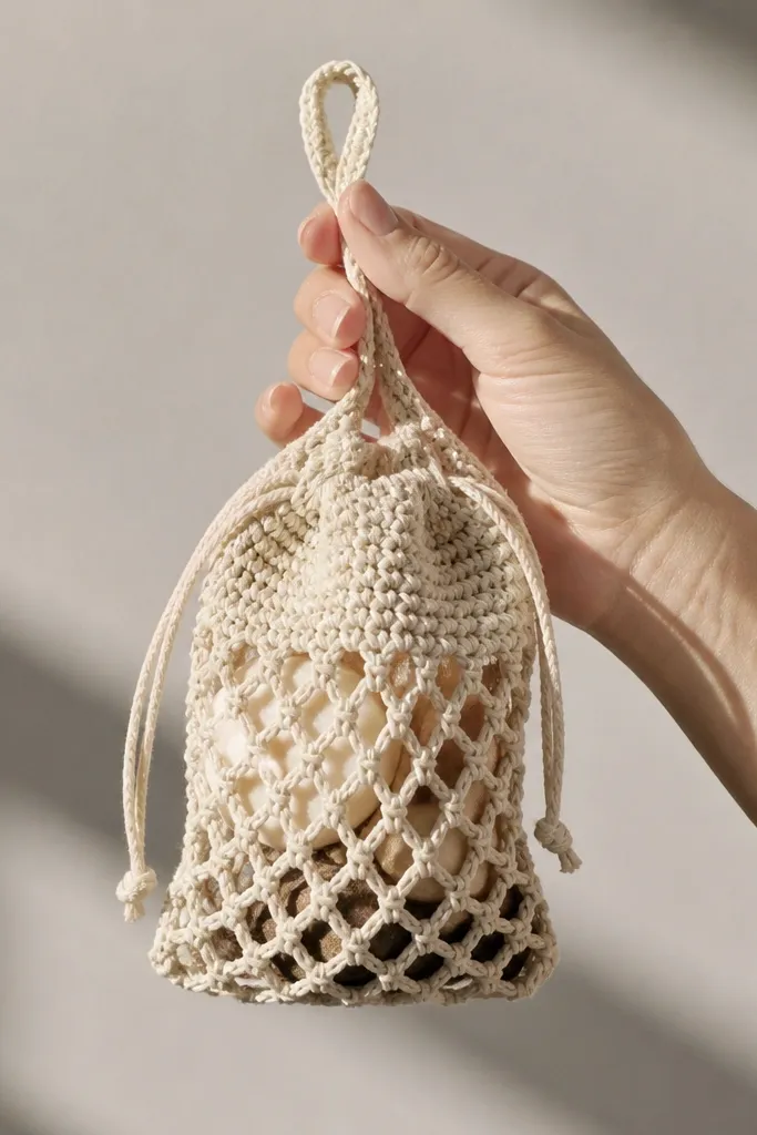 Small crocheted pouch with mesh sides and a top hanging loop