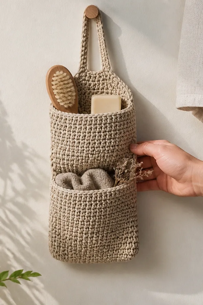 Small hanging crochet organizer with two pockets and a top strap