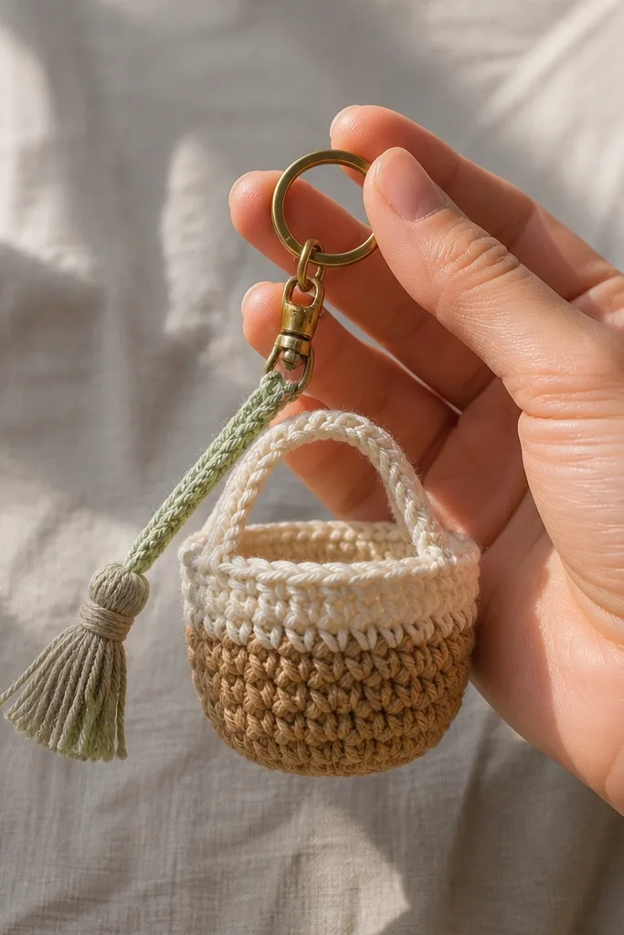 Tiny crocheted basket keychain with a braided strap and small tassel