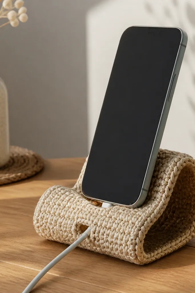 Crochet phone stand with a curved base and a small cable channel