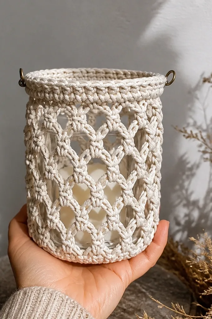 Small crocheted lantern cover with openwork sides and flat top ring