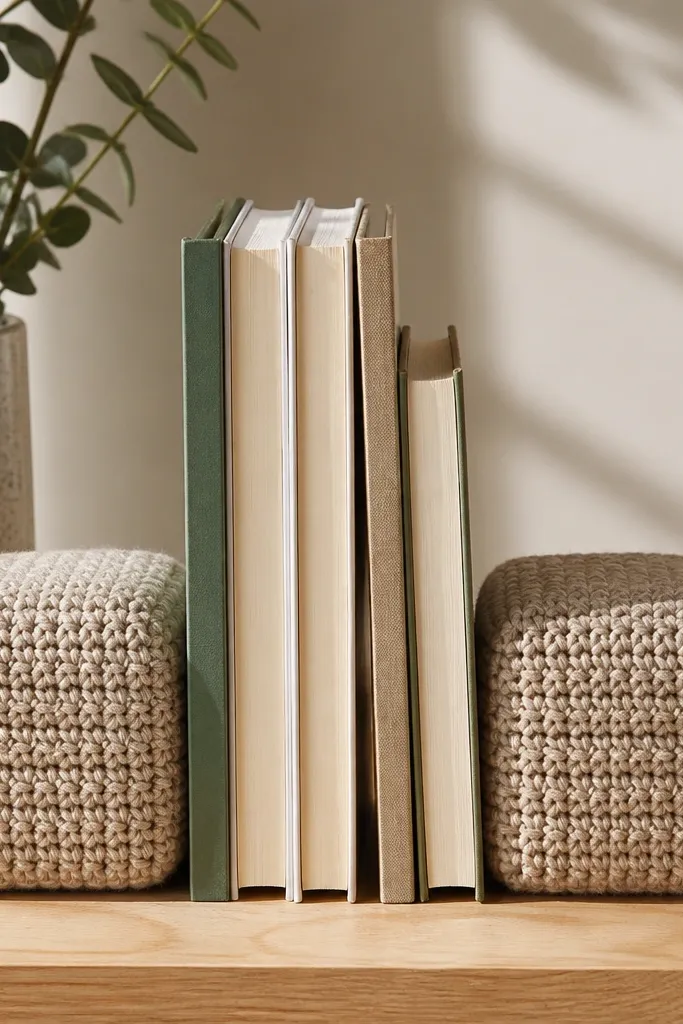 Pair of small rounded crocheted bookend blocks in neutral color