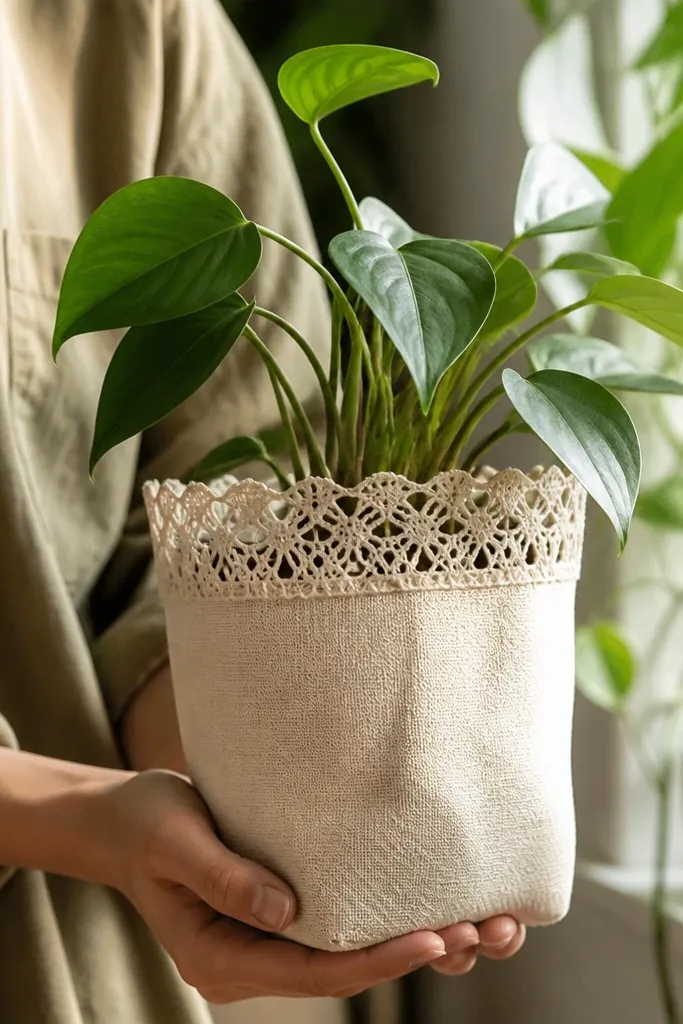 Plant pot cover with open lace trim at the top edge