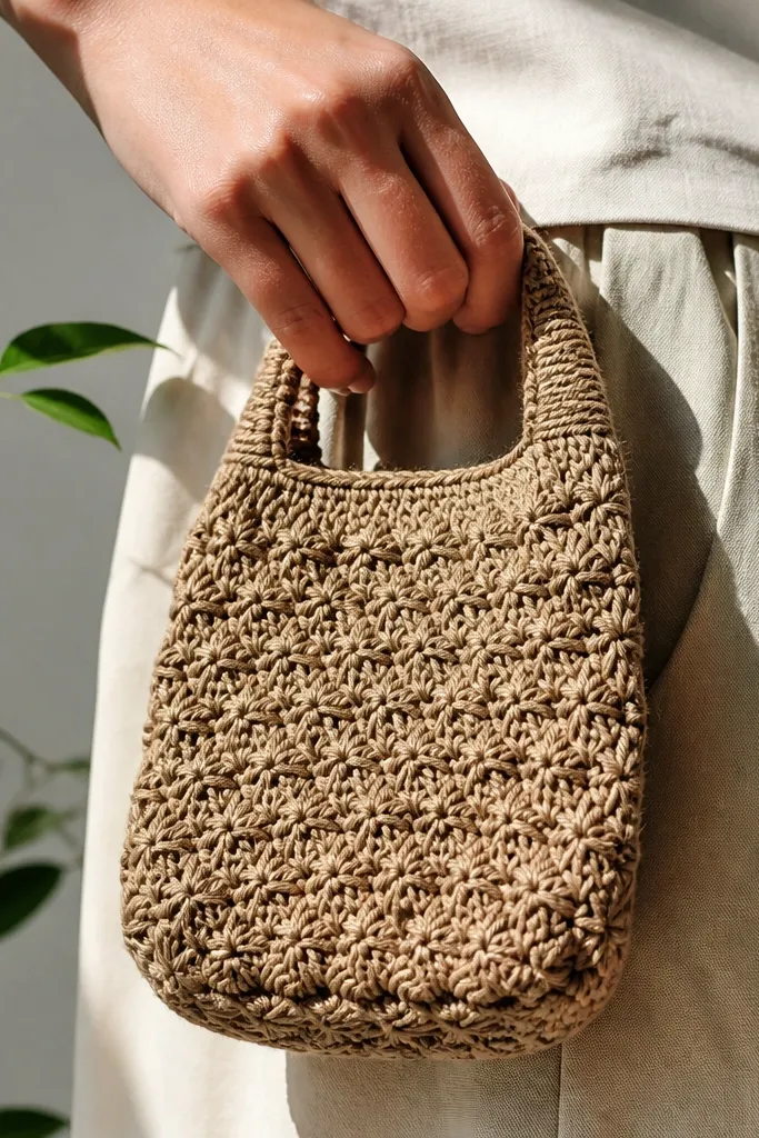 Small crochet bag pouch with star stitch texture and reinforced handle